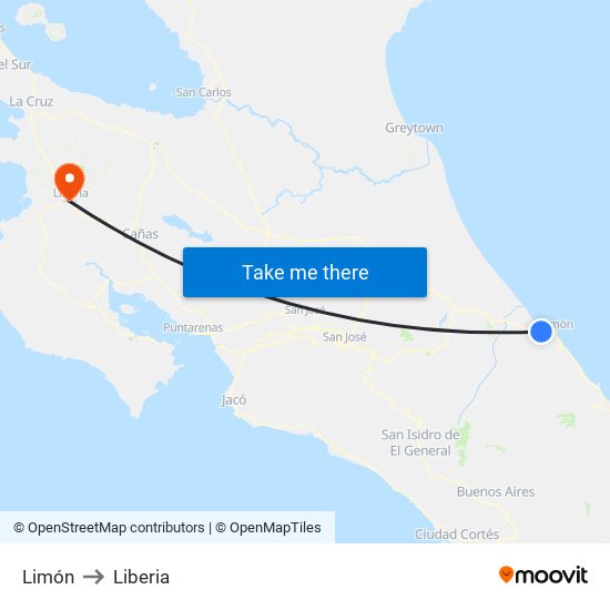 Limón to Liberia map