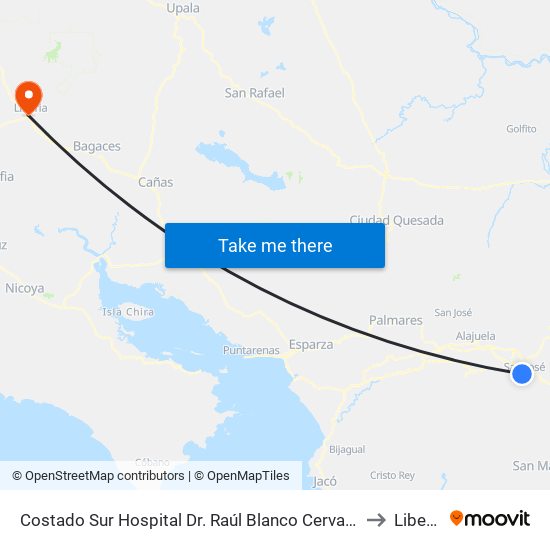 Costado Sur Hospital Dr. Raúl Blanco Cervantes to Liberia map