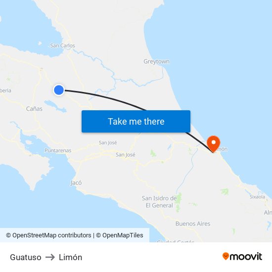 Guatuso to Limón map
