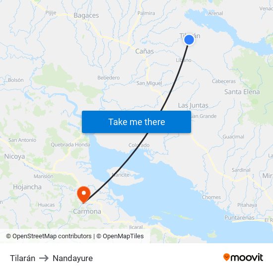 Tilarán to Nandayure map