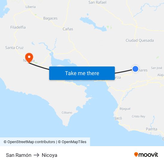 San Ramón to Nicoya map