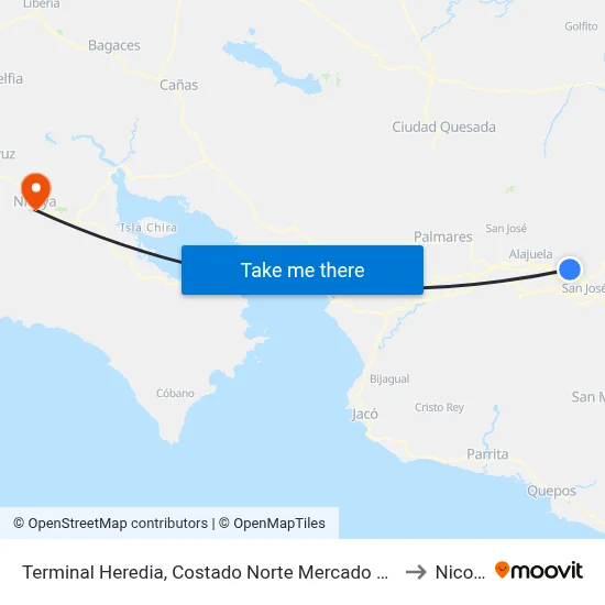 Terminal Heredia, Costado Norte Mercado Heredia to Nicoya map