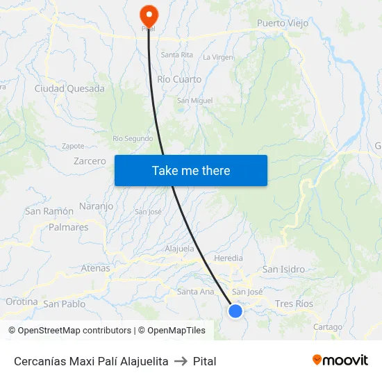 Cercanías Maxi Palí Alajuelita to Pital map