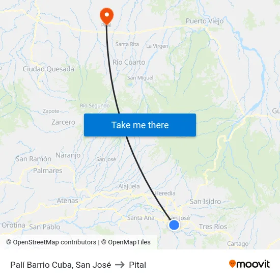 Palí Barrio Cuba, San José to Pital map
