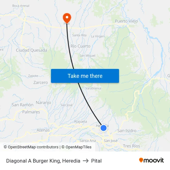 Diagonal A Burger King, Heredia to Pital map
