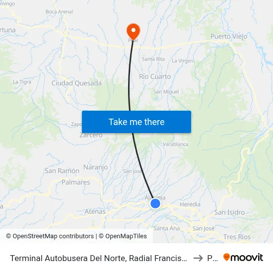 Terminal Autobusera Del Norte, Radial Francisco J. Orlich Alajuela to Pital map