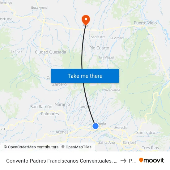 Convento Padres Franciscanos Conventuales, La Trinidad Alajuela to Pital map