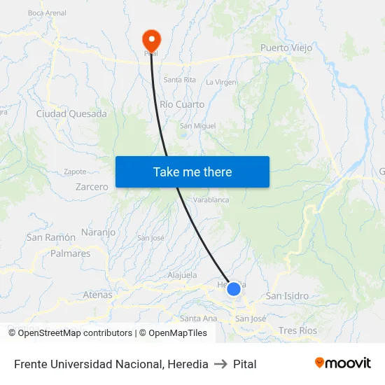 Frente Universidad Nacional, Heredia to Pital map