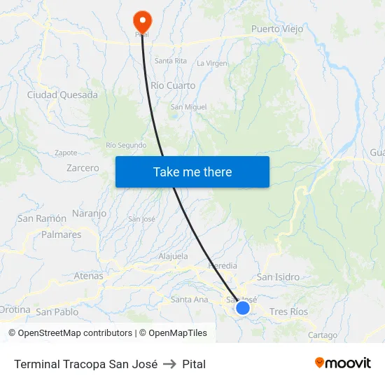 Terminal Tracopa San José to Pital map