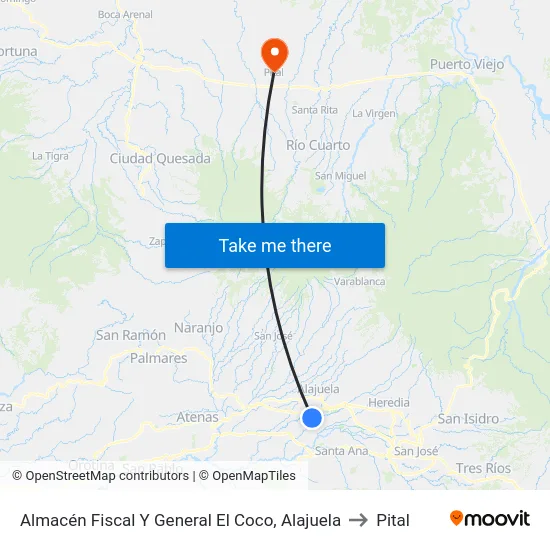 Almacén Fiscal Y General El Coco, Alajuela to Pital map