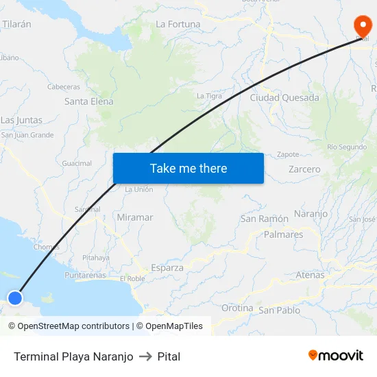 Terminal Playa Naranjo to Pital map