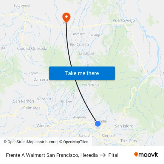 Frente A Walmart San Francisco, Heredia to Pital map