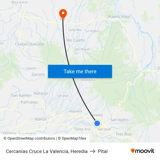 Cercanías Cruce La Valencia, Heredia to Pital map