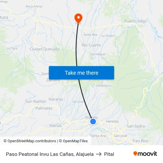 Paso Peatonal Invu Las Cañas, Alajuela to Pital map