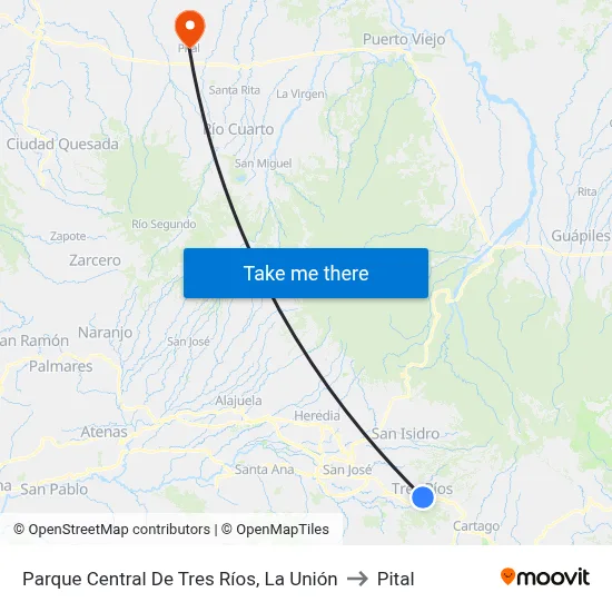 Parque Central De Tres Ríos, La Unión to Pital map