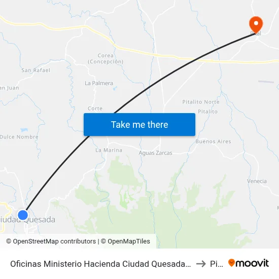 Oficinas Ministerio Hacienda Ciudad Quesada, San Carlos to Pital map