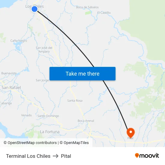 Terminal Los Chiles to Pital map