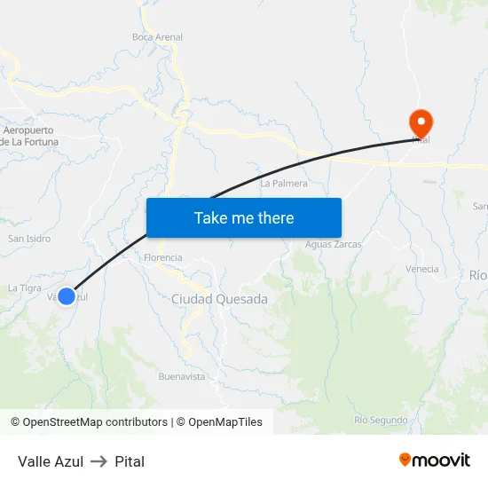 Valle Azul to Pital map
