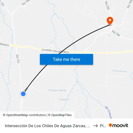 Intersección De Los Chiles De Aguas Zarcas, San Carlos to Pital map