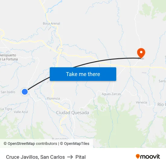Cruce Javillos, San Carlos to Pital map