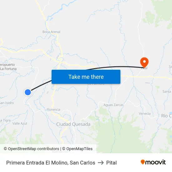 Primera Entrada El Molino, San Carlos to Pital map