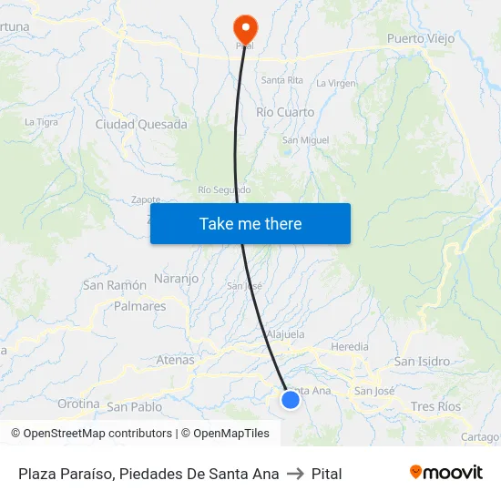 Plaza Paraíso, Piedades De Santa Ana to Pital map