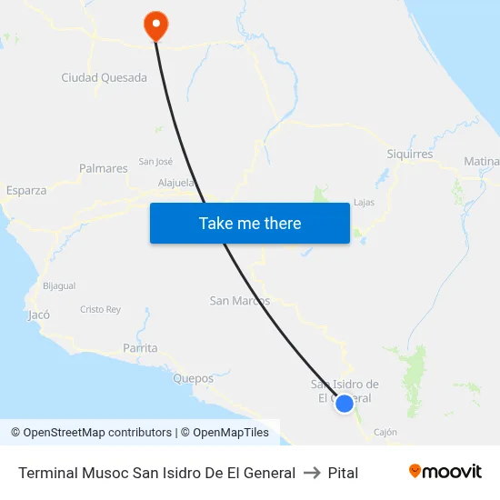 Terminal Musoc San Isidro De El General to Pital map