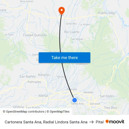 Cartonera Santa Ana, Radial Lindora Santa Ana to Pital map