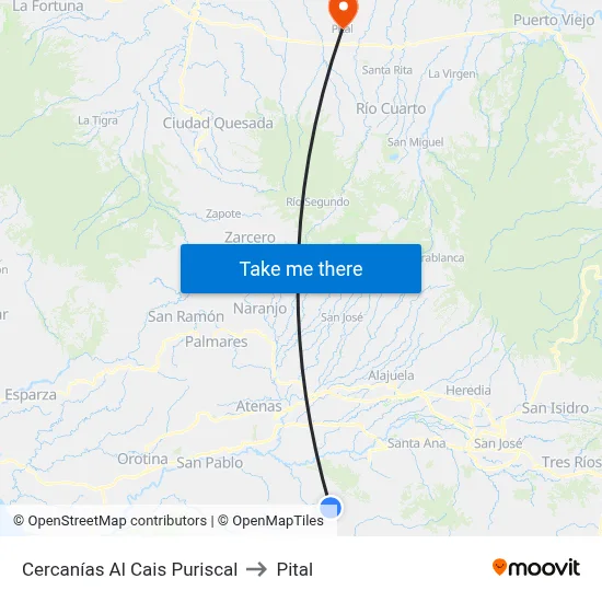 Cercanías Al Cais Puriscal to Pital map