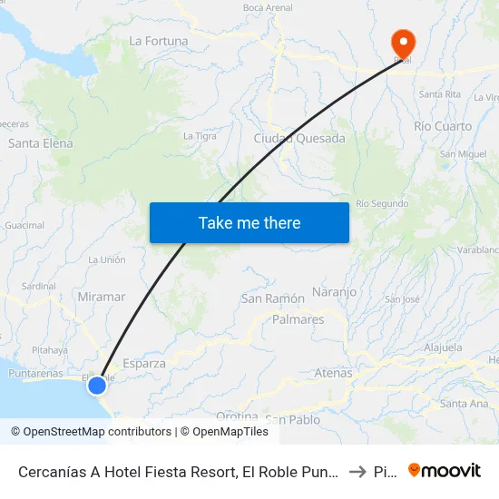 Cercanías A Hotel Fiesta Resort, El Roble Puntarenas to Pital map