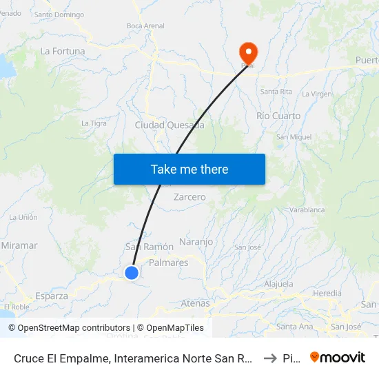 Cruce El Empalme, Interamerica Norte San Ramón to Pital map