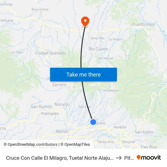 Cruce Con Calle El Milagro, Tuetal Norte Alajuela to Pital map