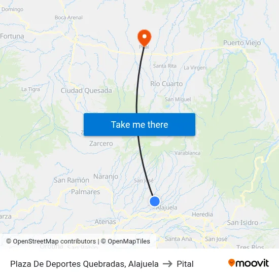 Plaza De Deportes Quebradas, Alajuela to Pital map