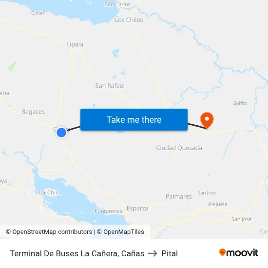 Terminal De Buses La Cañera, Cañas to Pital map