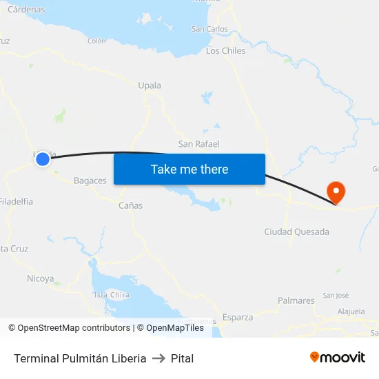 Terminal Pulmitán Liberia to Pital map