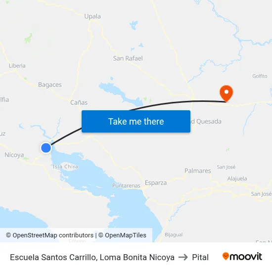 Escuela Santos Carrillo, Loma Bonita Nicoya to Pital map