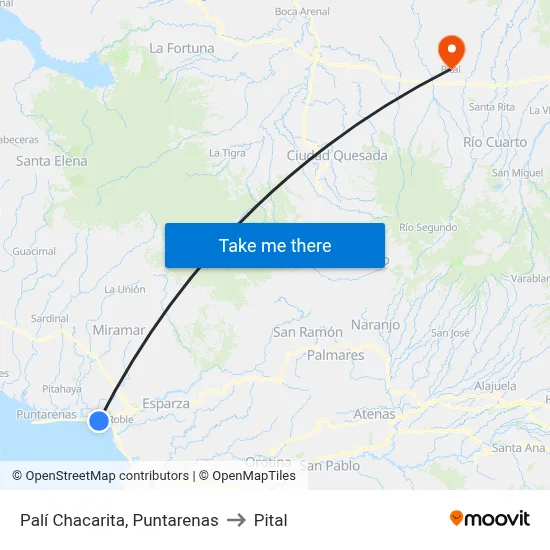 Palí Chacarita, Puntarenas to Pital map