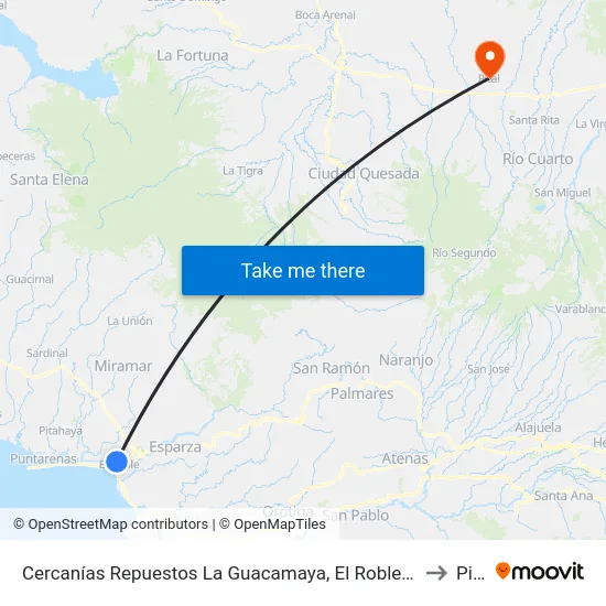 Cercanías Repuestos La Guacamaya, El Roble Puntarenas to Pital map