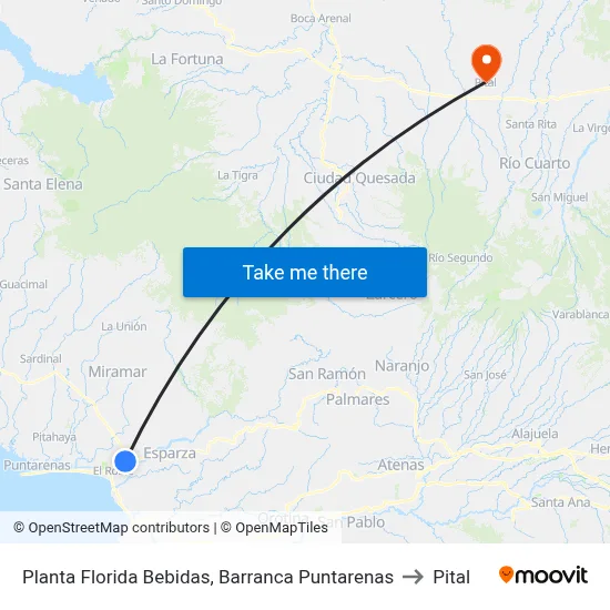 Planta Florida Bebidas, Barranca Puntarenas to Pital map