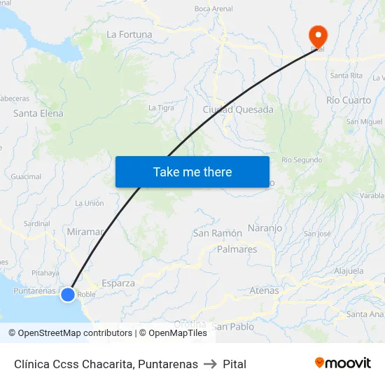 Clínica Ccss Chacarita, Puntarenas to Pital map