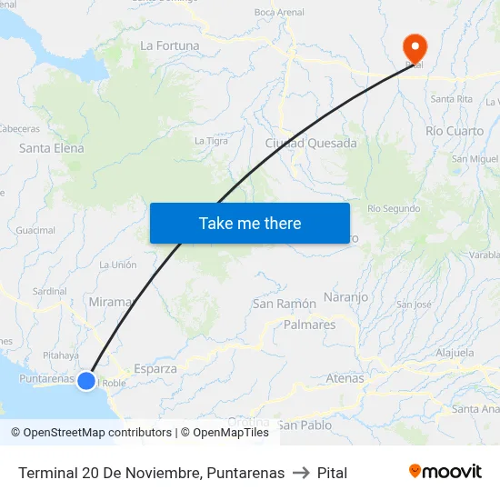 Terminal 20 De Noviembre, Puntarenas to Pital map