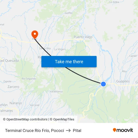 Terminal Cruce Río Frío, Pococí to Pital map