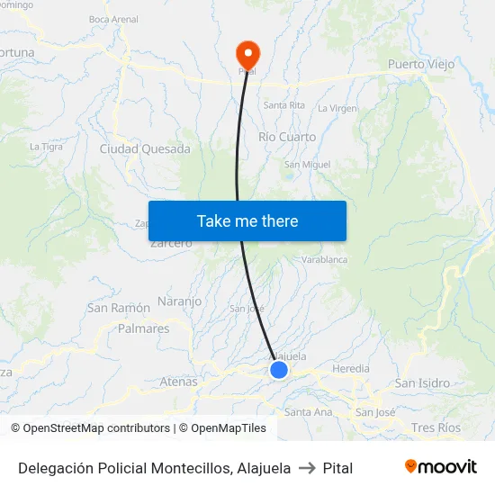 Delegación Policial Montecillos, Alajuela to Pital map