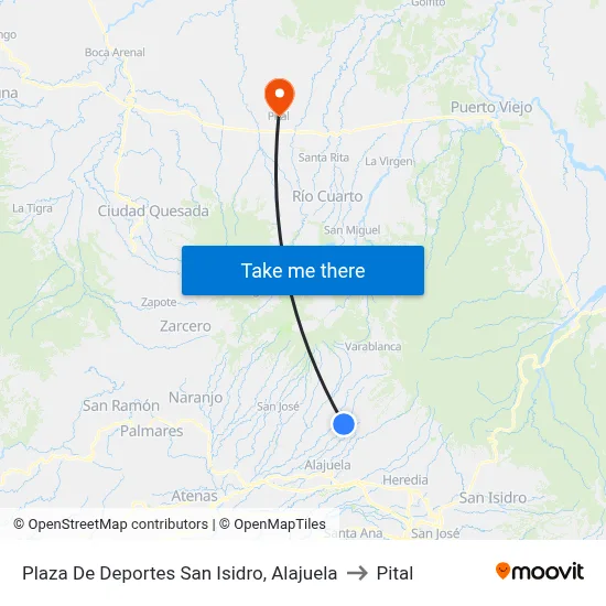 Plaza De Deportes San Isidro, Alajuela to Pital map