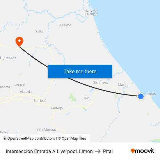 Intersección Entrada A Liverpool, Limón to Pital map