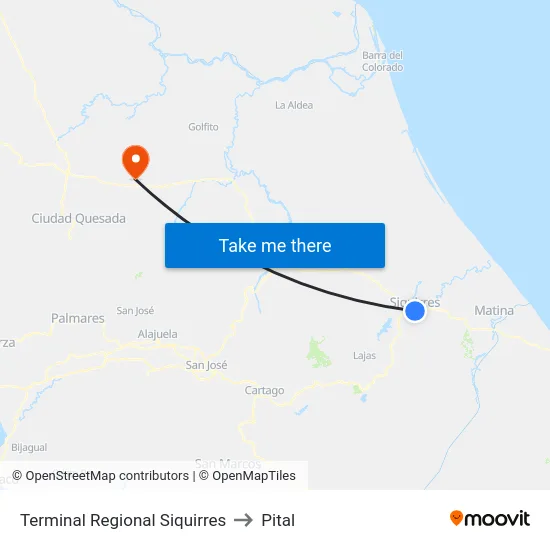 Terminal Regional Siquirres to Pital map