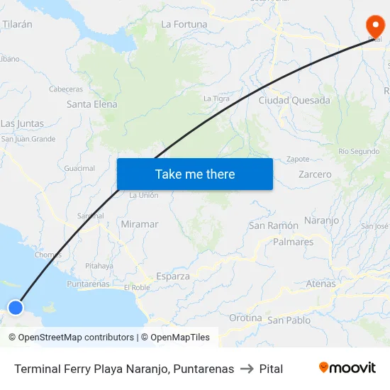Terminal Ferry Playa Naranjo, Puntarenas to Pital map