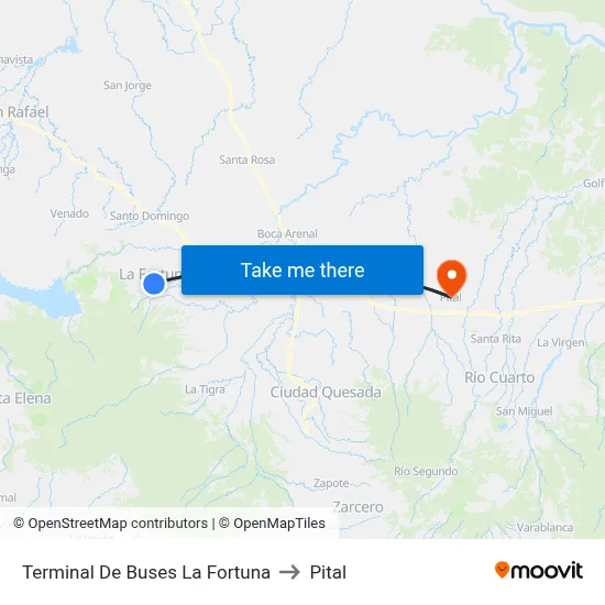 Terminal De Buses La Fortuna to Pital map