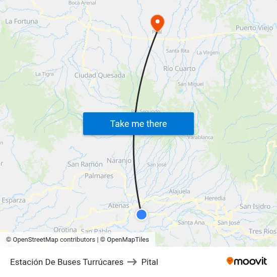 Estación De Buses Turrúcares to Pital map
