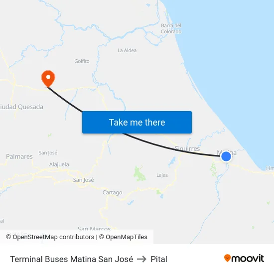 Terminal Buses Matina San José to Pital map